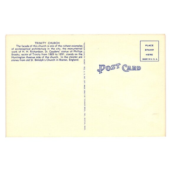 Vintage Trinity Church Boston Postcard Antique Collectible Linen Religious Art - Picture 2 of 2